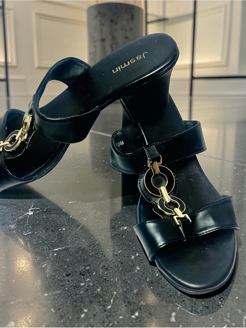 Jasmine Black Heeled Slide Sandals with Gold Chain Accent -Excellent condition